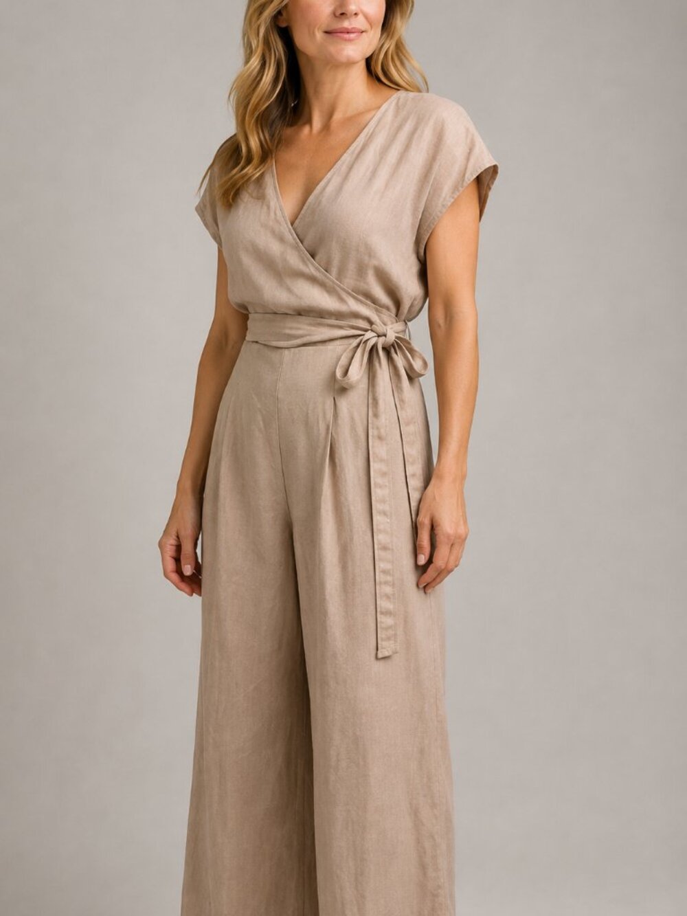 Wilfred Linen Lyocell Wrap Wide Leg Jumpsuit Size 2 Beige Neutral Resort
